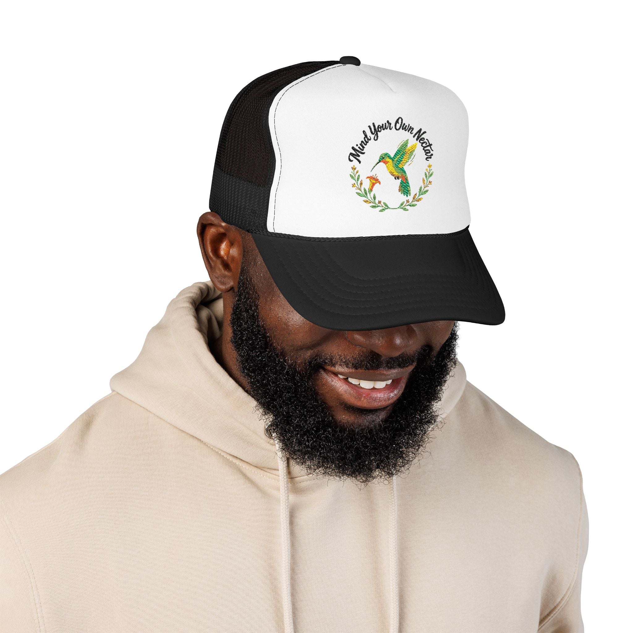 Mind Your Own Nector Trucker Hat — Hummingbird Floral Mesh Cap