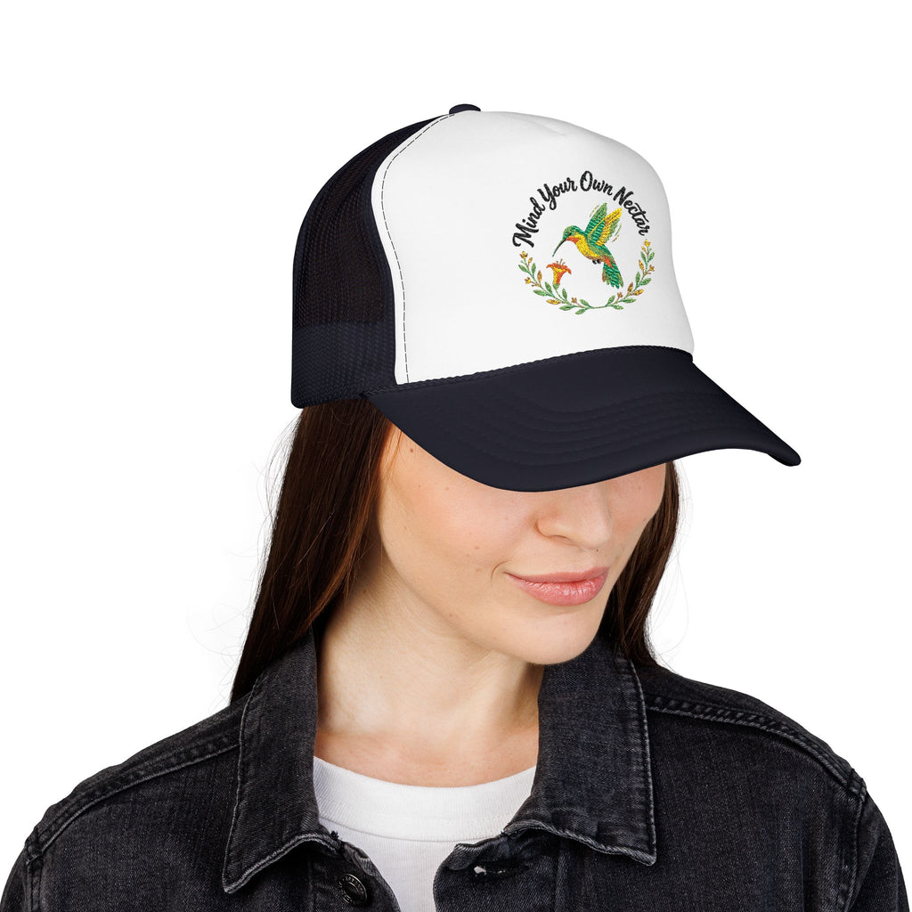 Mind Your Own Nector Trucker Hat — Hummingbird Floral Mesh Cap