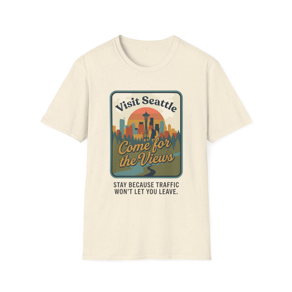 Visit Seattle T-Shirt - "Come for the Views" Retro Skyline Tee