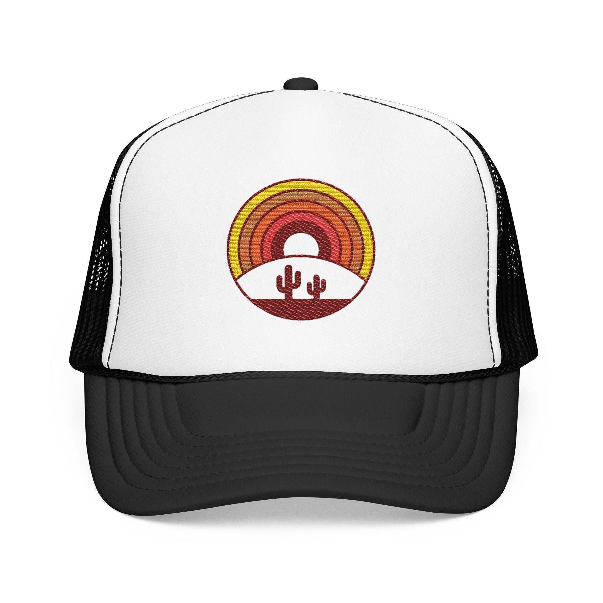 Sunset Cactus Trucker Hat — Retro Desert Embroidered Foam Cap