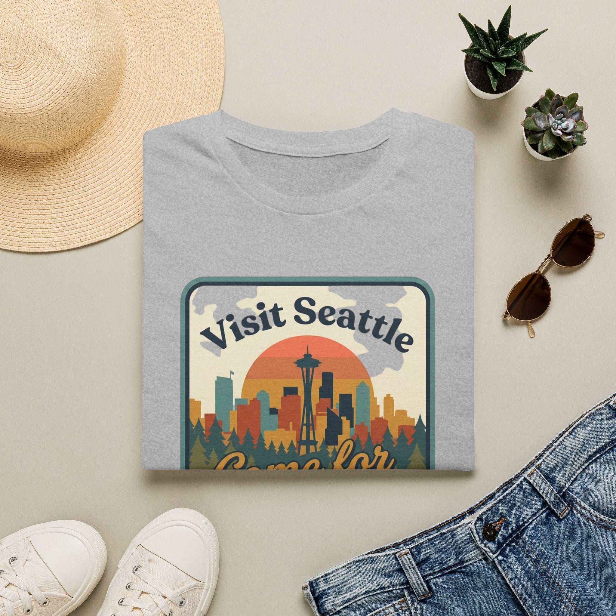 Visit Seattle T-Shirt - "Come for the Views" Retro Skyline Tee