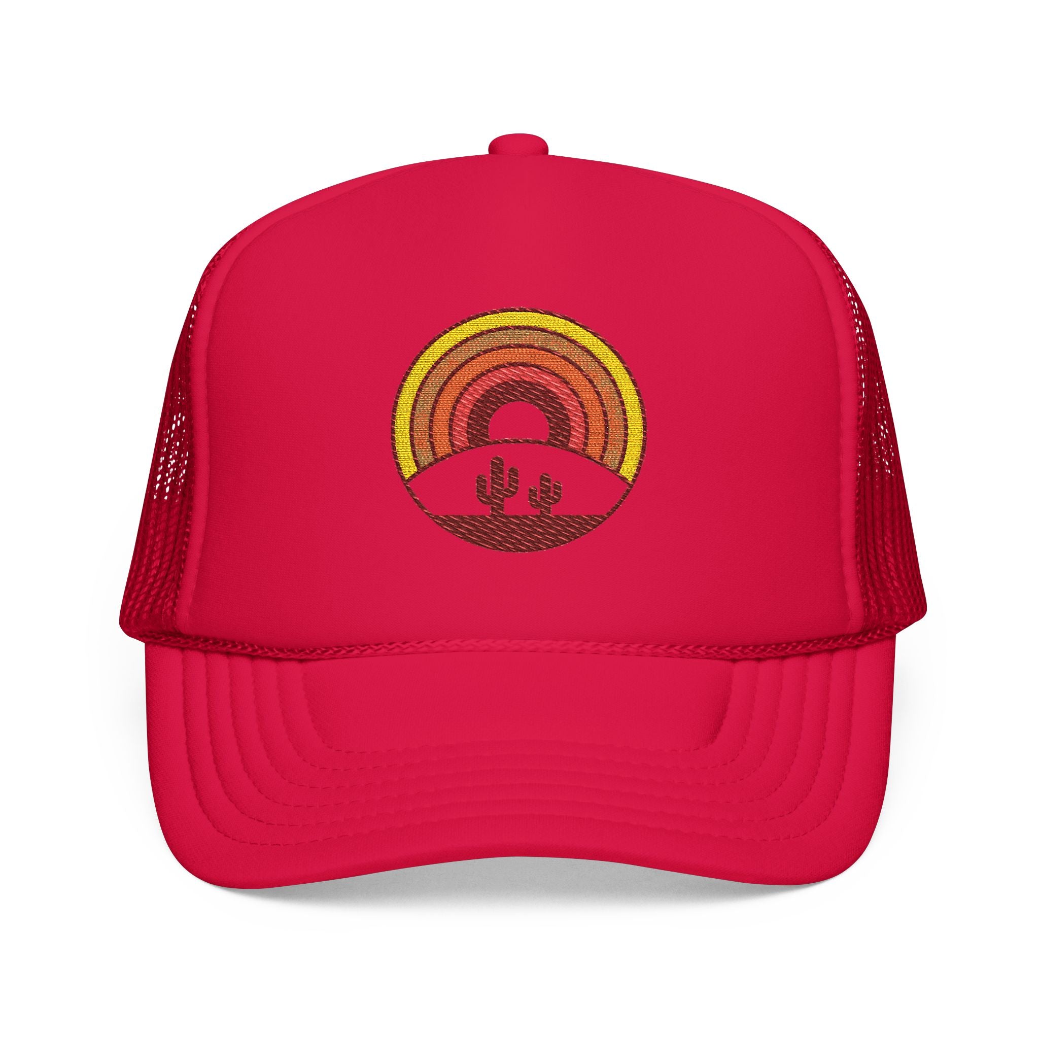 Sunset Cactus Trucker Hat — Retro Desert Embroidered Foam Cap
