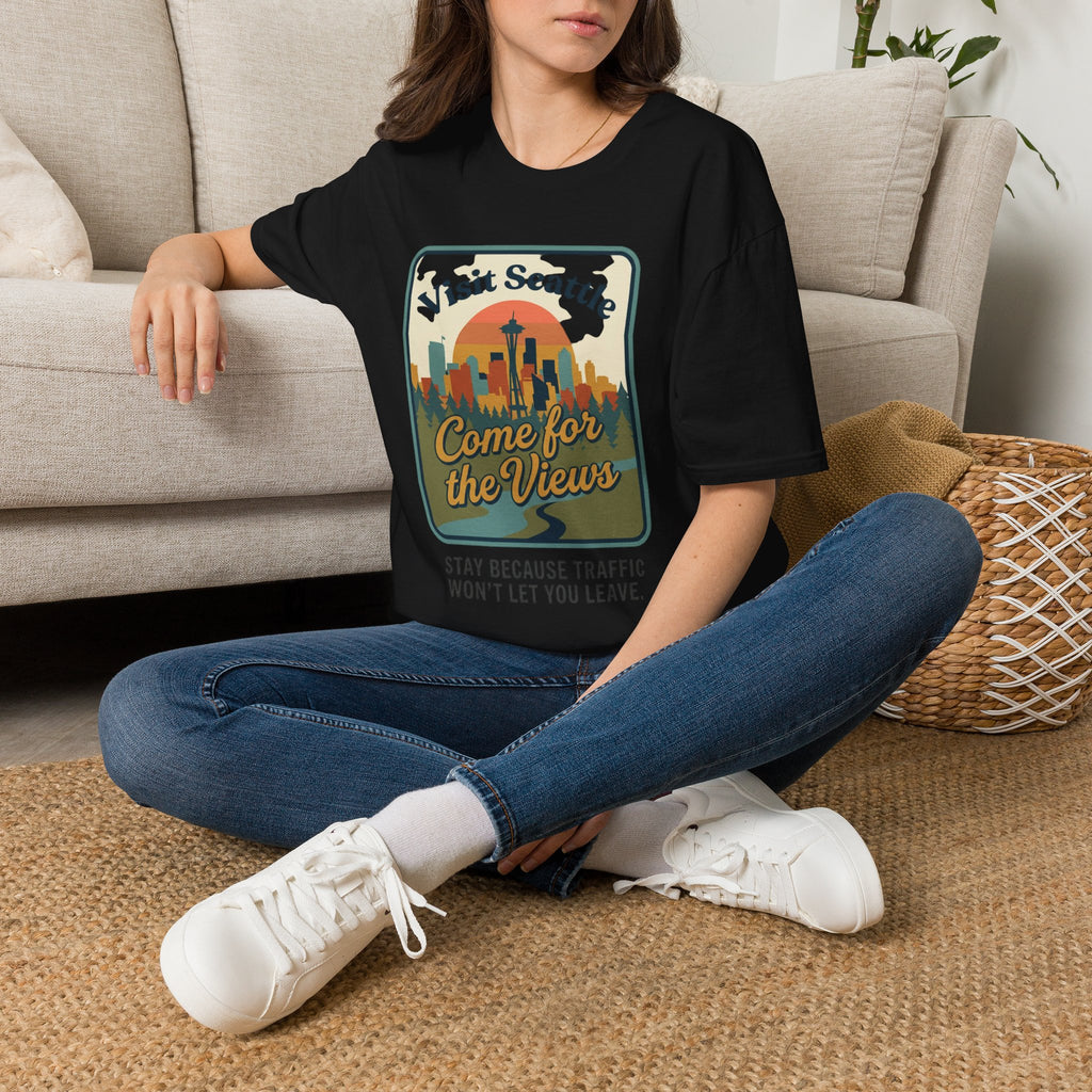Visit Seattle T-Shirt - "Come for the Views" Retro Skyline Tee