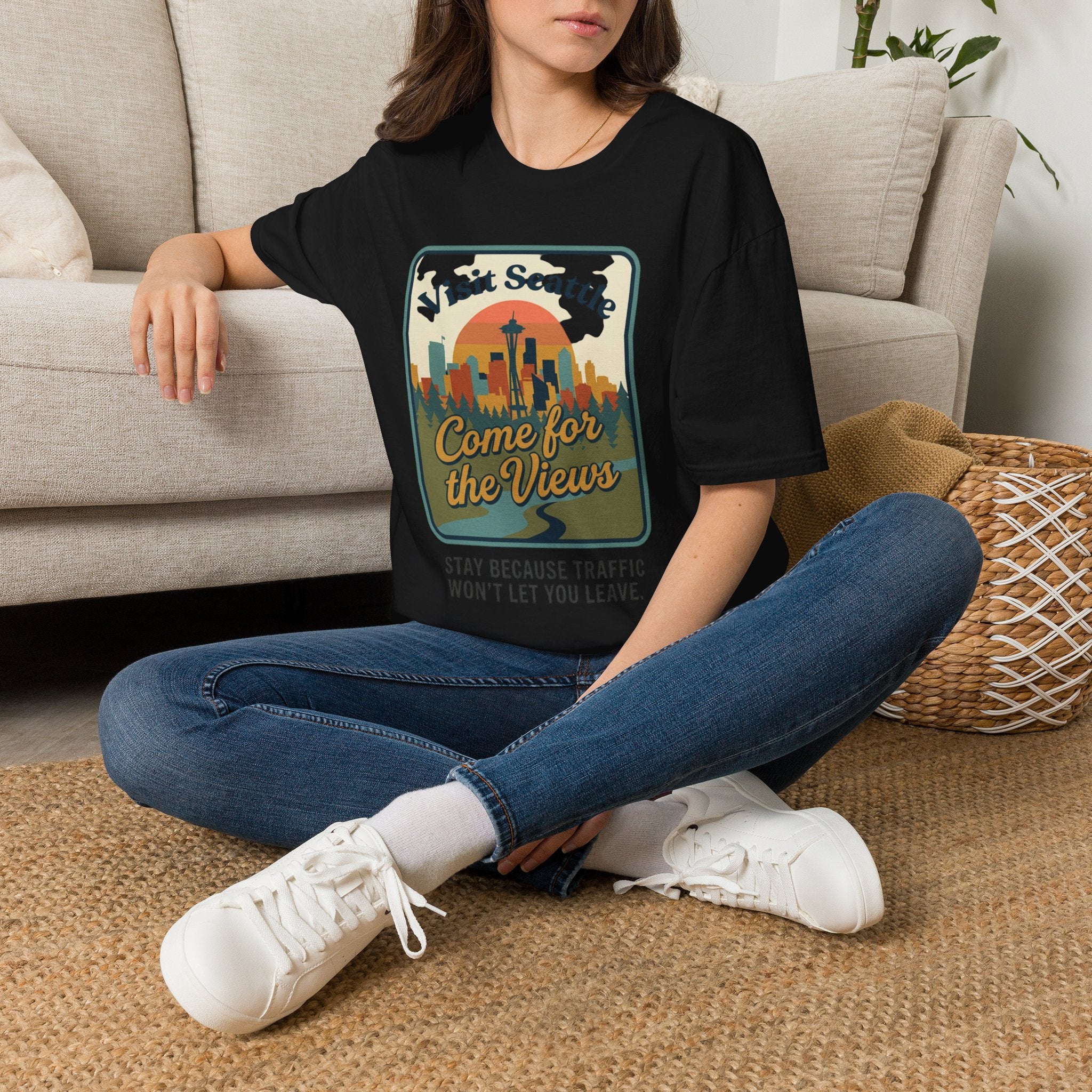 Visit Seattle T-Shirt - "Come for the Views" Retro Skyline Tee