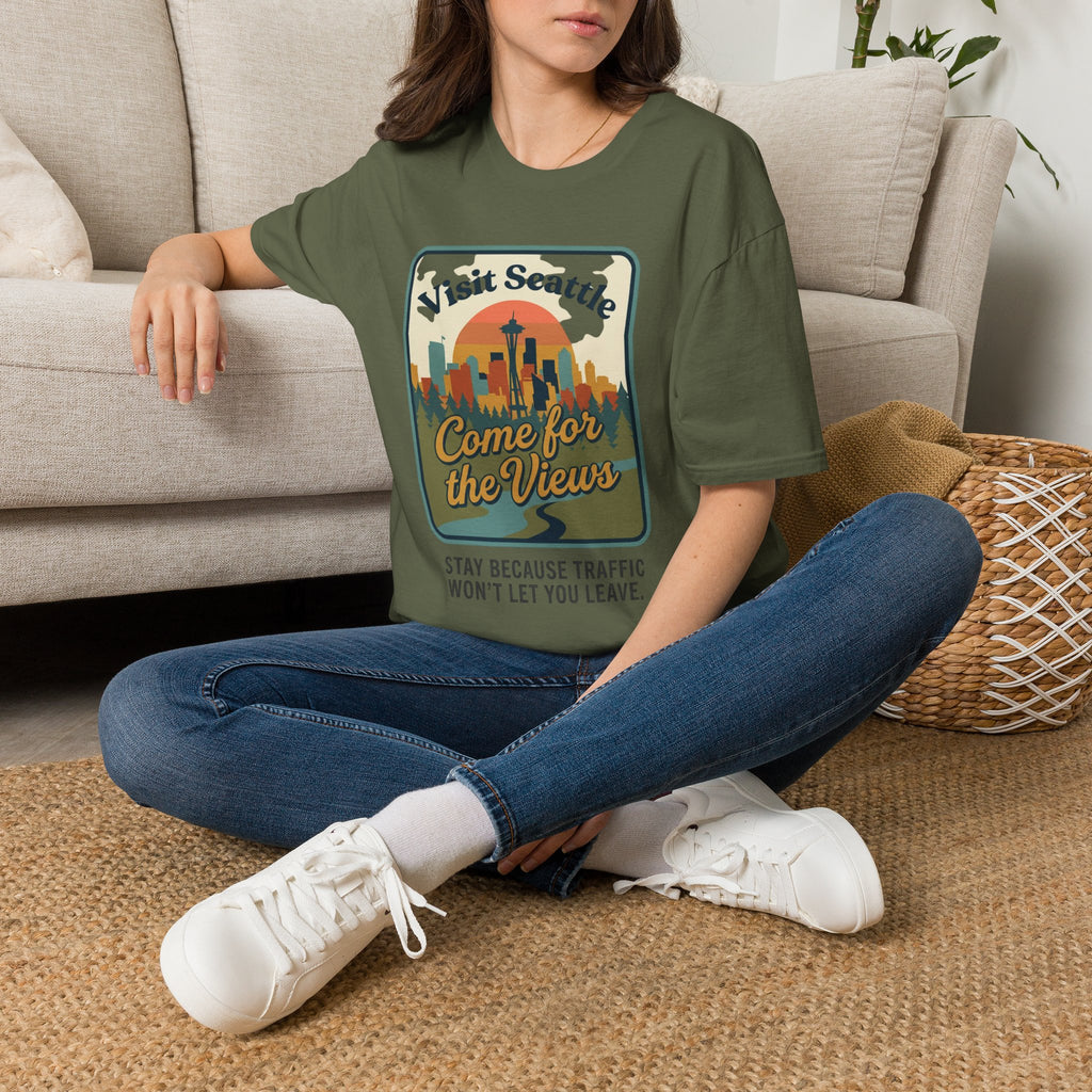 Visit Seattle T-Shirt - "Come for the Views" Retro Skyline Tee
