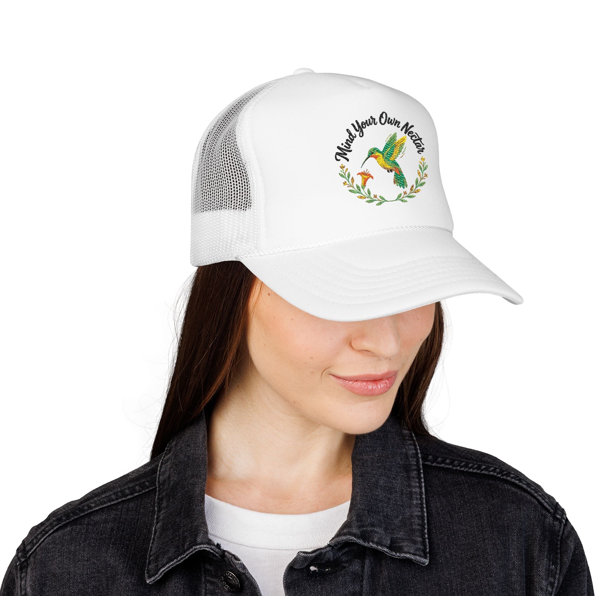 Mind Your Own Nector Trucker Hat — Hummingbird Floral Mesh Cap