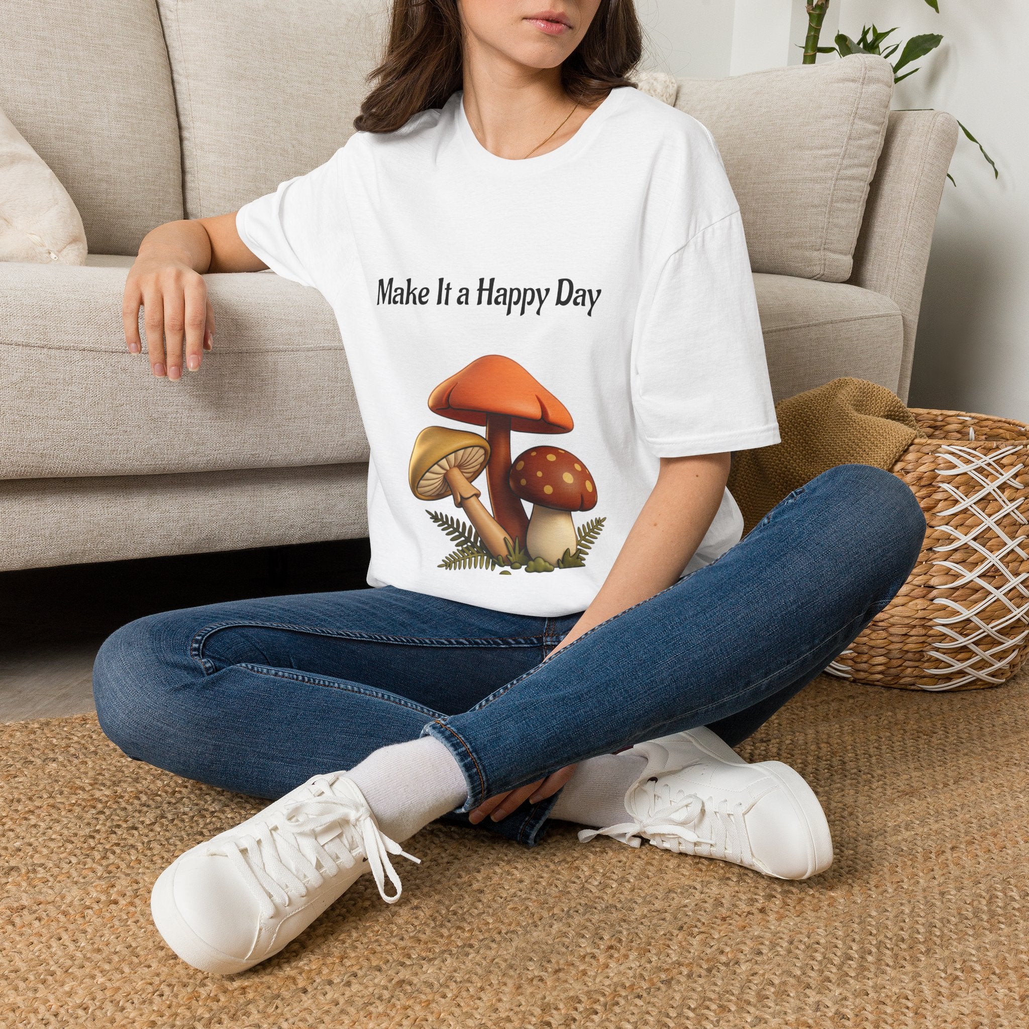 Mushroom Graphic Tee - "Make It a Happy Day" Positive Quote T-Shirt