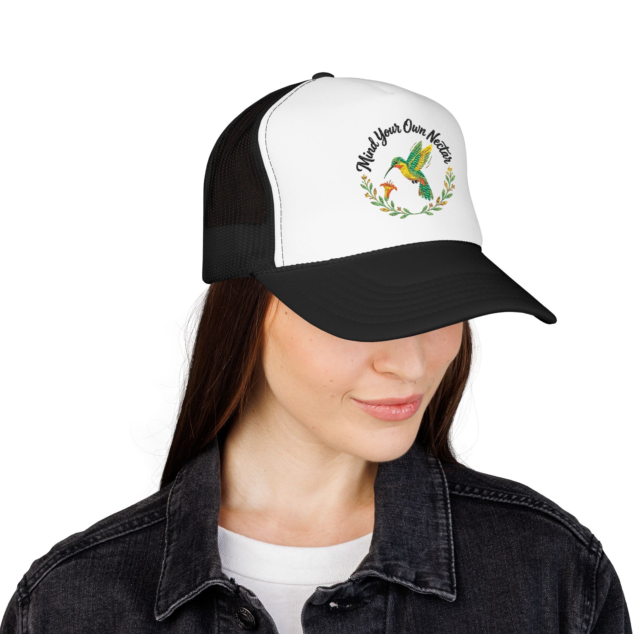 Mind Your Own Nector Trucker Hat — Hummingbird Floral Mesh Cap