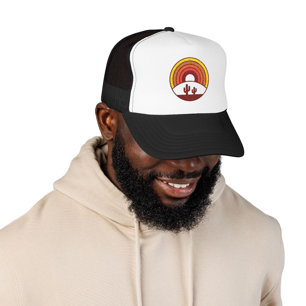 Sunset Cactus Trucker Hat — Retro Desert Embroidered Foam Cap