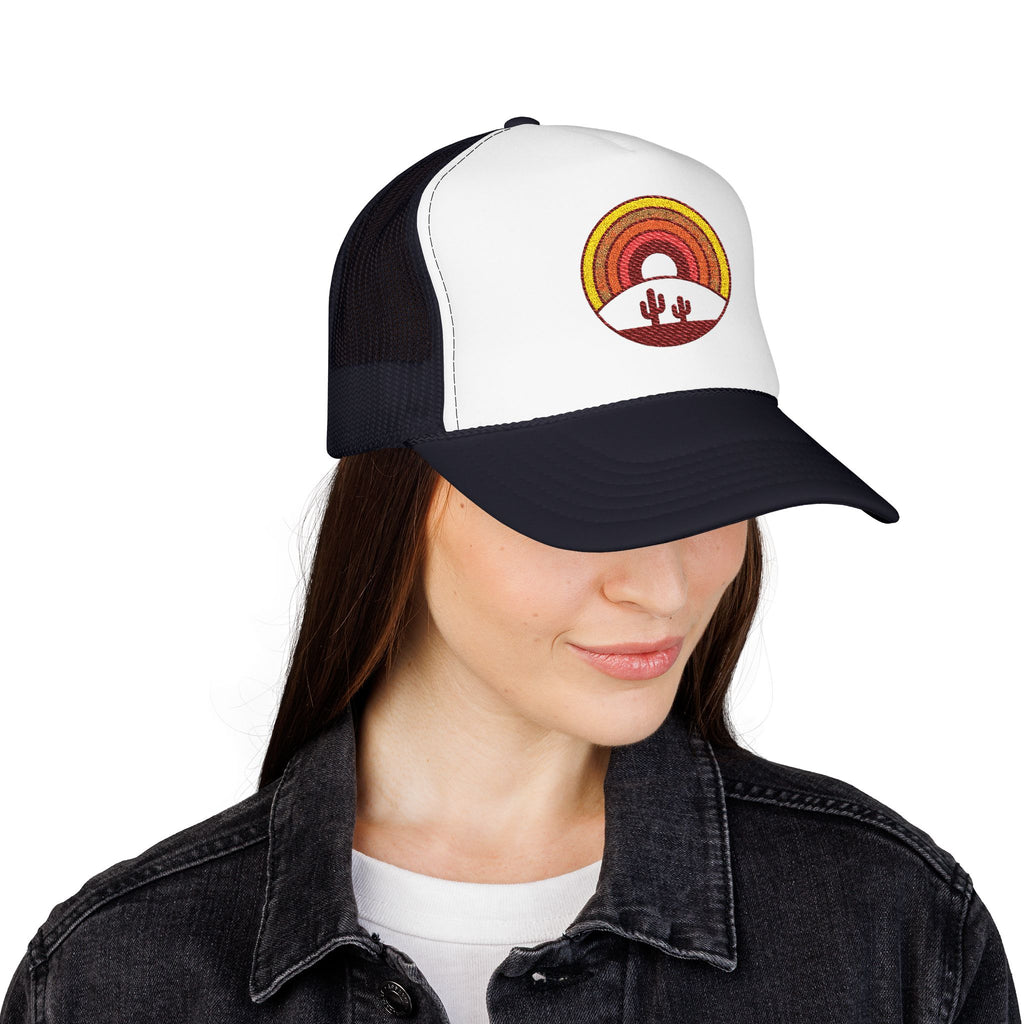 Sunset Cactus Trucker Hat — Retro Desert Embroidered Foam Cap