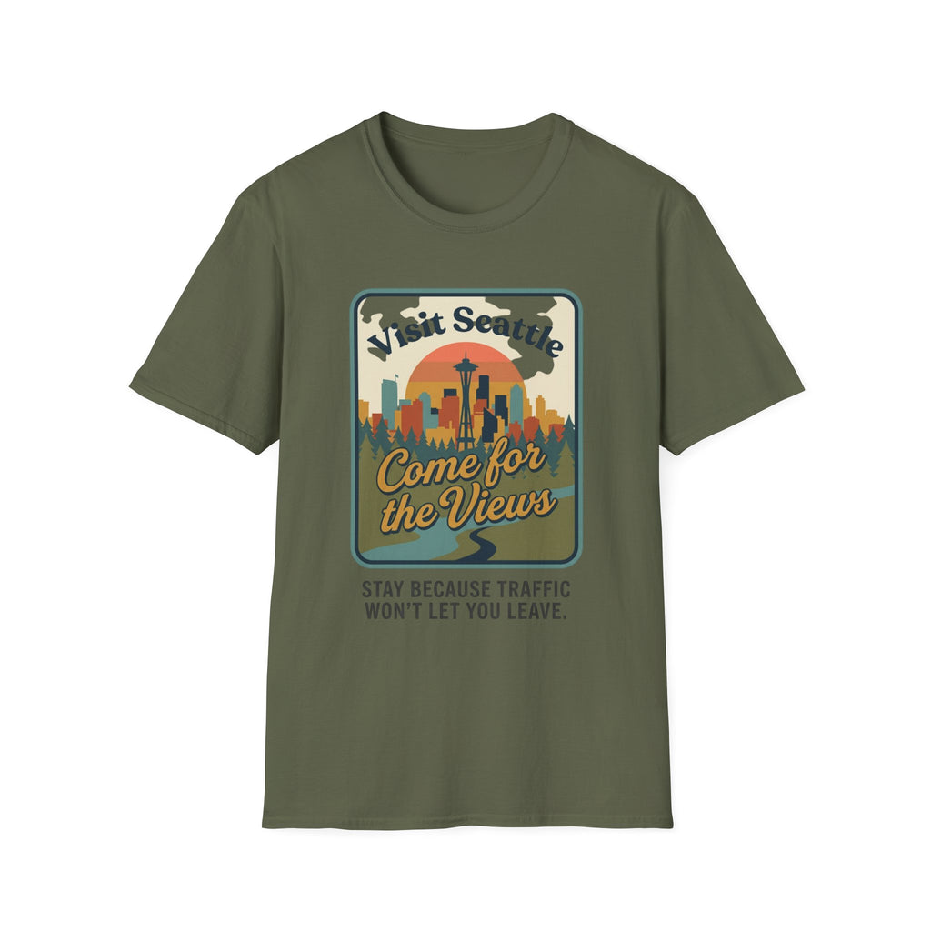 Visit Seattle T-Shirt - "Come for the Views" Retro Skyline Tee