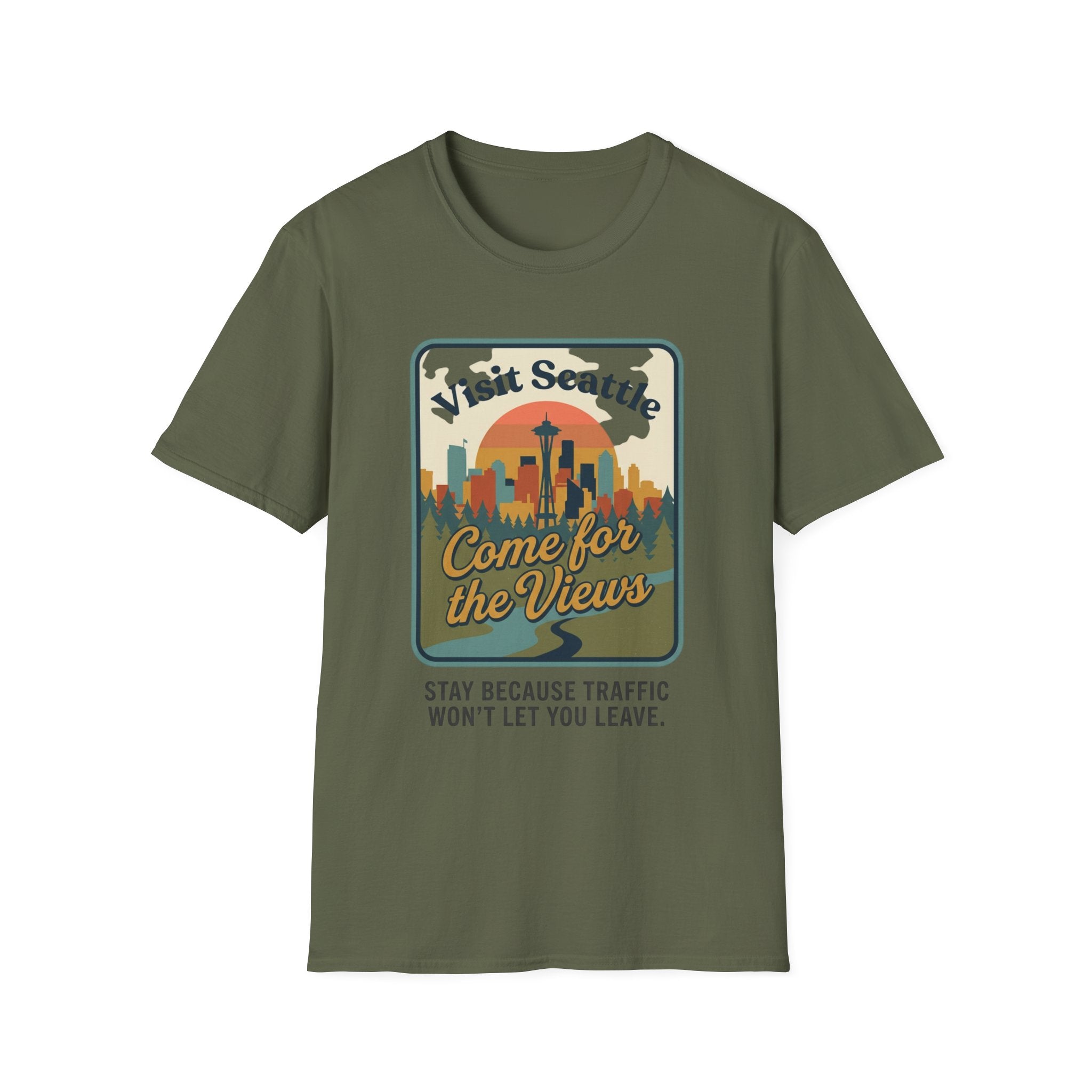 Visit Seattle T-Shirt - "Come for the Views" Retro Skyline Tee