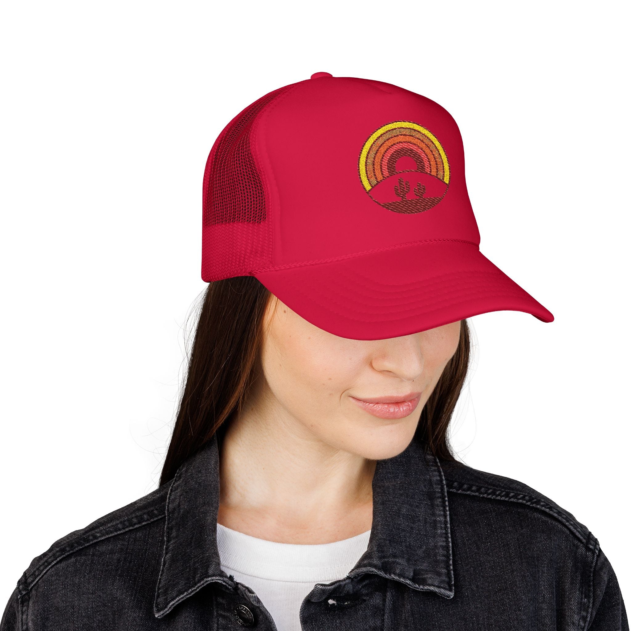 Sunset Cactus Trucker Hat — Retro Desert Embroidered Foam Cap