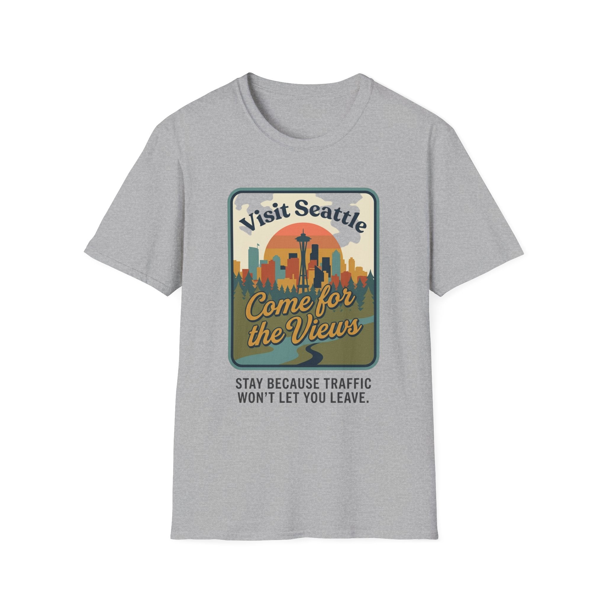 Visit Seattle T-Shirt - "Come for the Views" Retro Skyline Tee