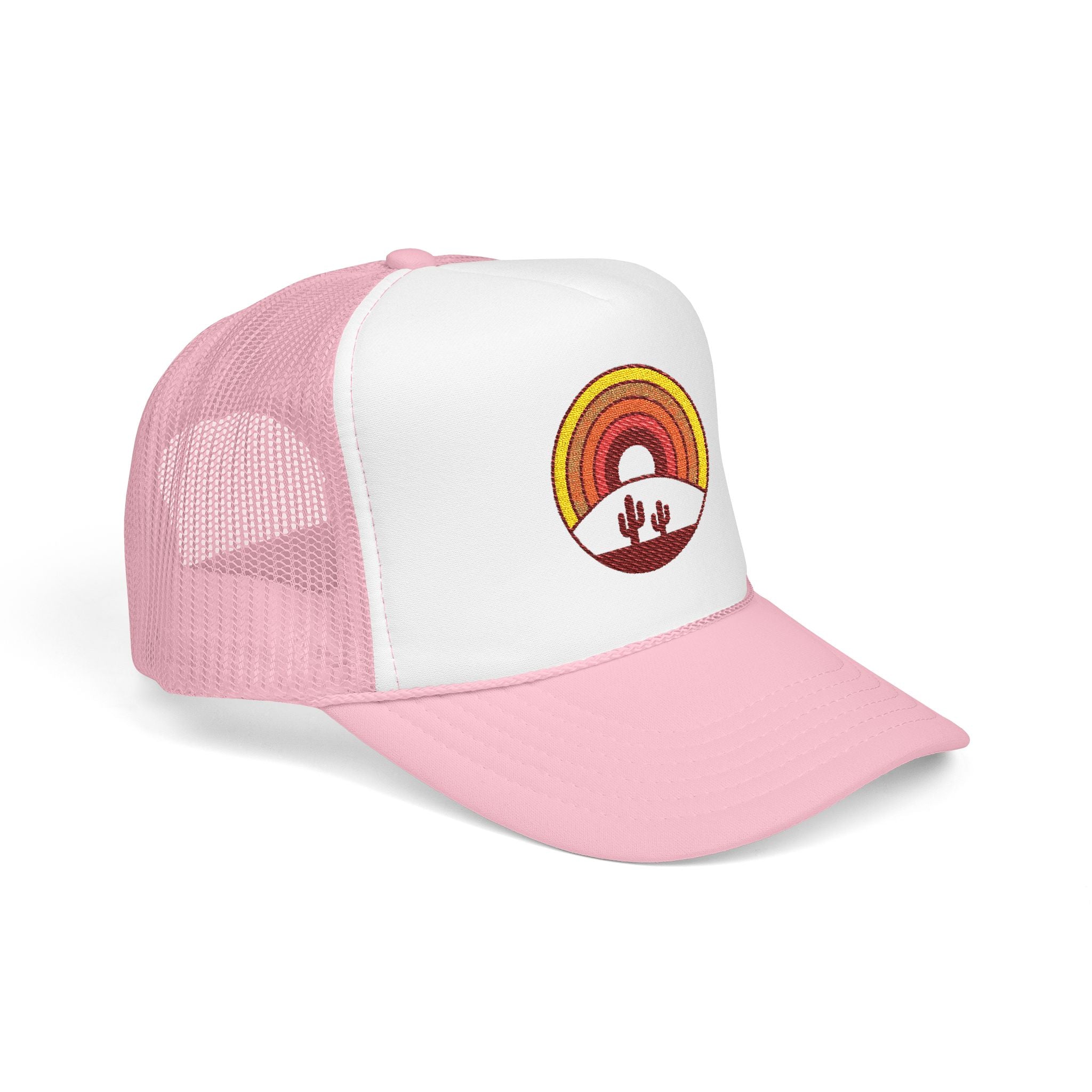 Sunset Cactus Trucker Hat — Retro Desert Embroidered Foam Cap