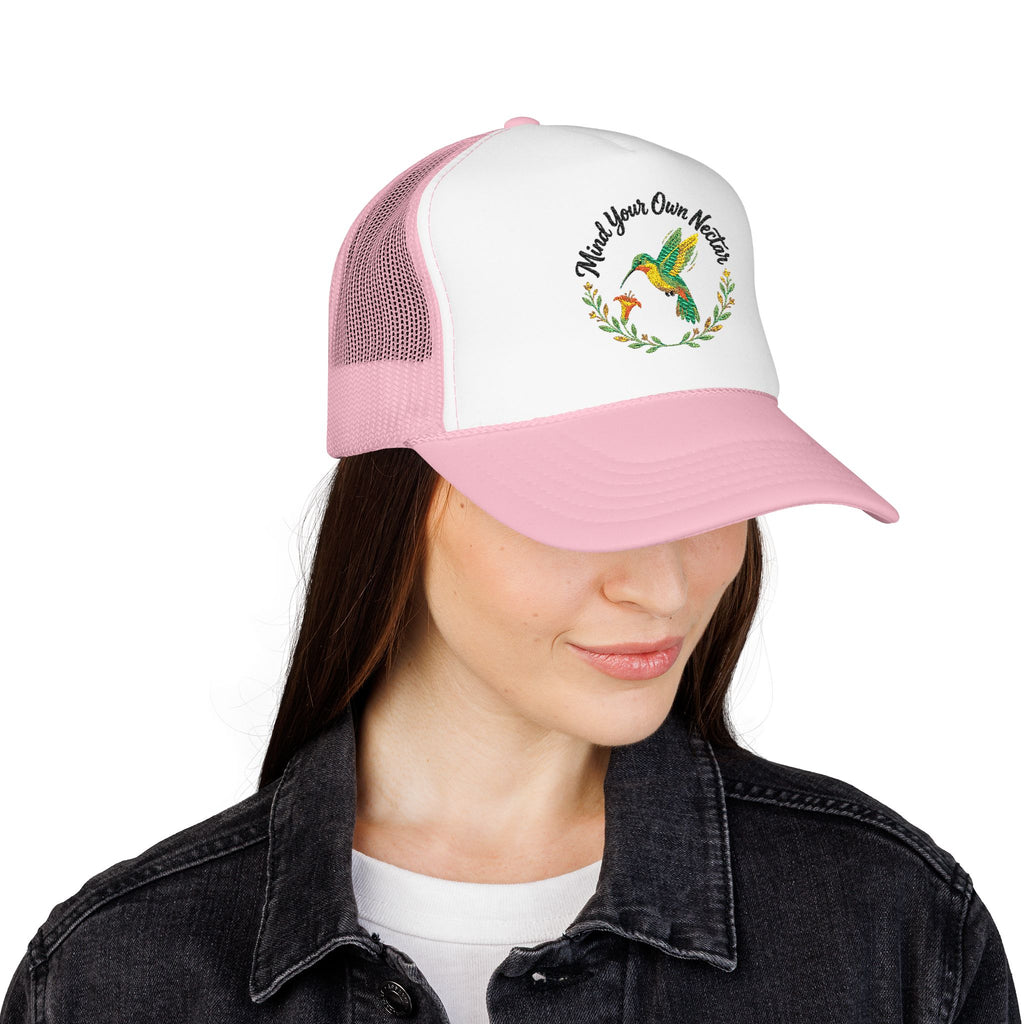 Mind Your Own Nector Trucker Hat — Hummingbird Floral Mesh Cap