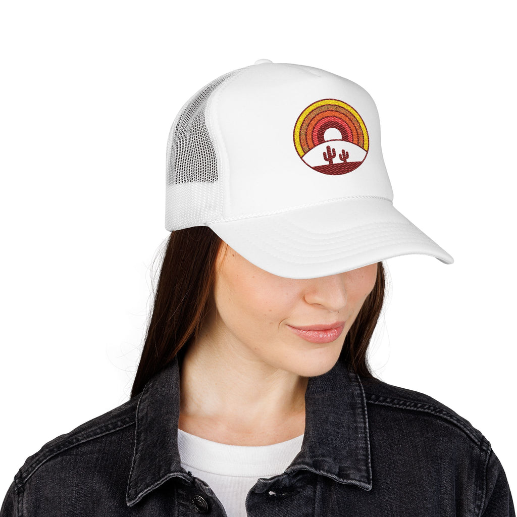 Sunset Cactus Trucker Hat — Retro Desert Embroidered Foam Cap