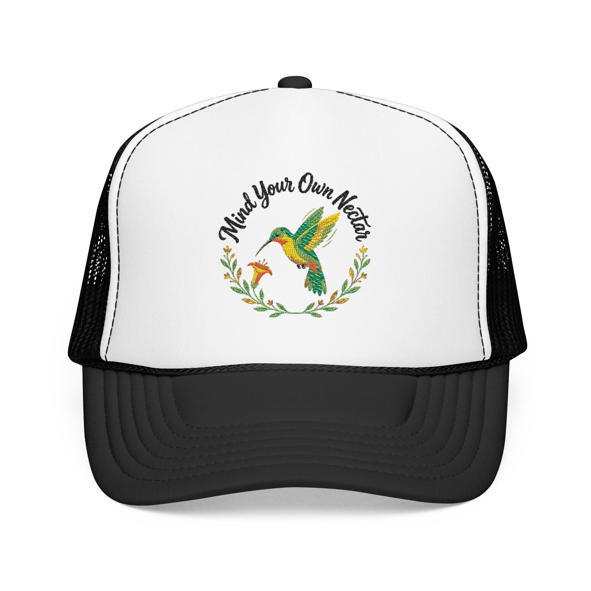 Mind Your Own Nector Trucker Hat — Hummingbird Floral Mesh Cap