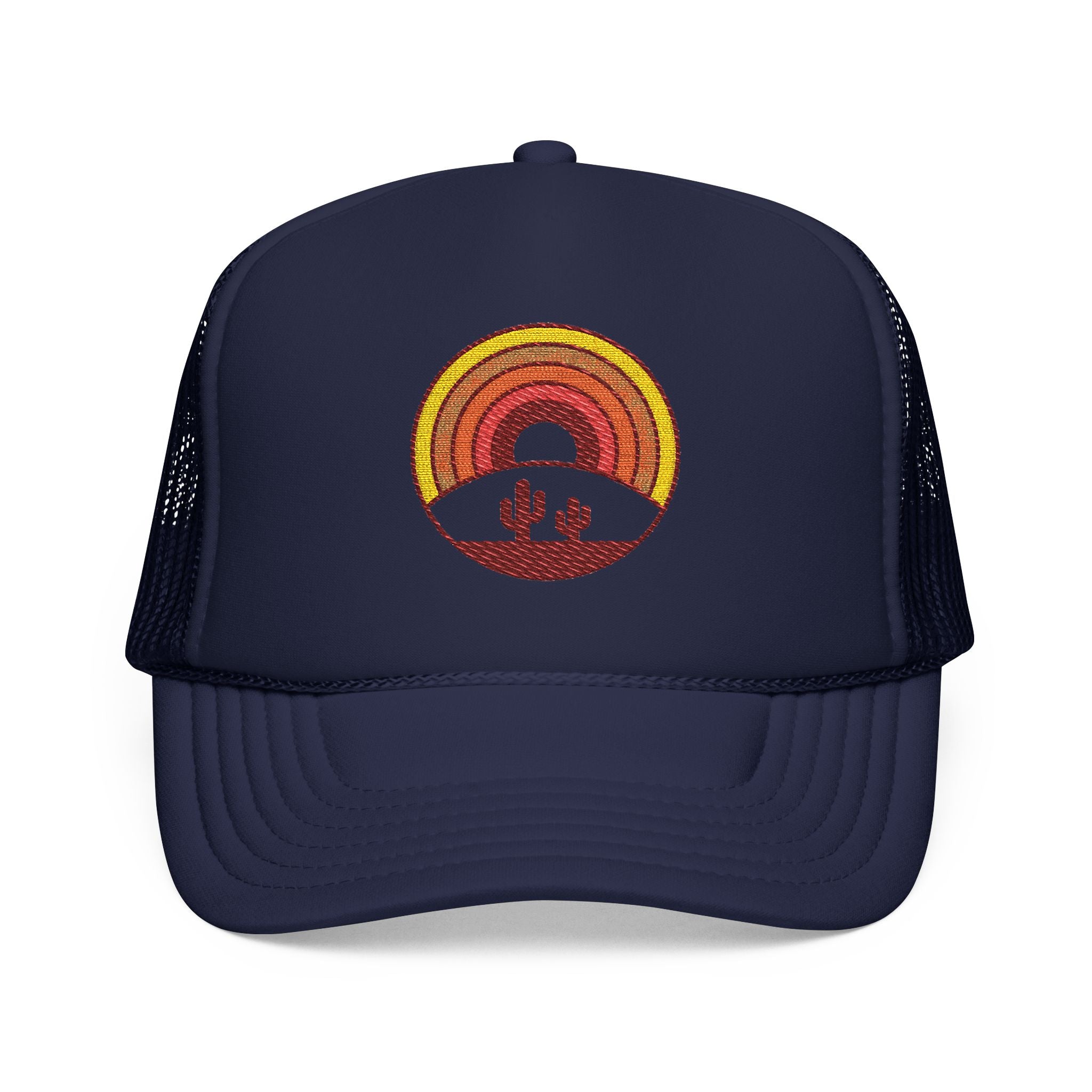 Sunset Cactus Trucker Hat — Retro Desert Embroidered Foam Cap
