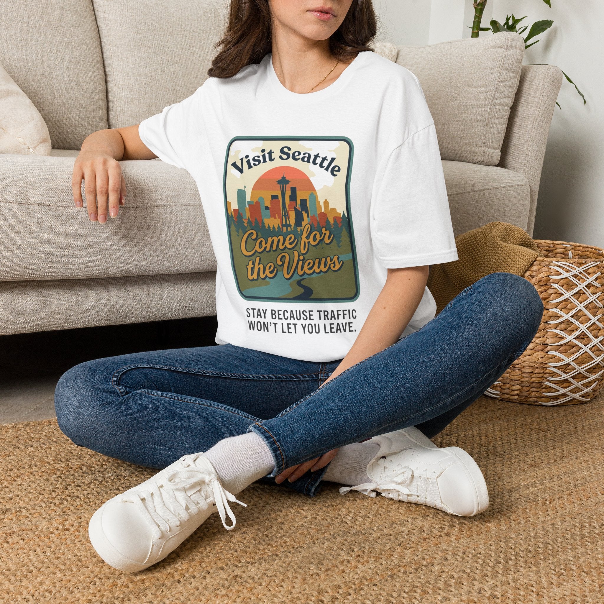Visit Seattle T-Shirt - "Come for the Views" Retro Skyline Tee