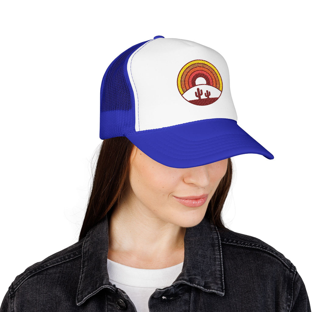 Sunset Cactus Trucker Hat — Retro Desert Embroidered Foam Cap