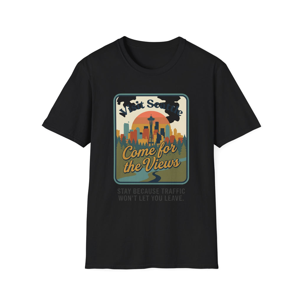 Visit Seattle T-Shirt - "Come for the Views" Retro Skyline Tee