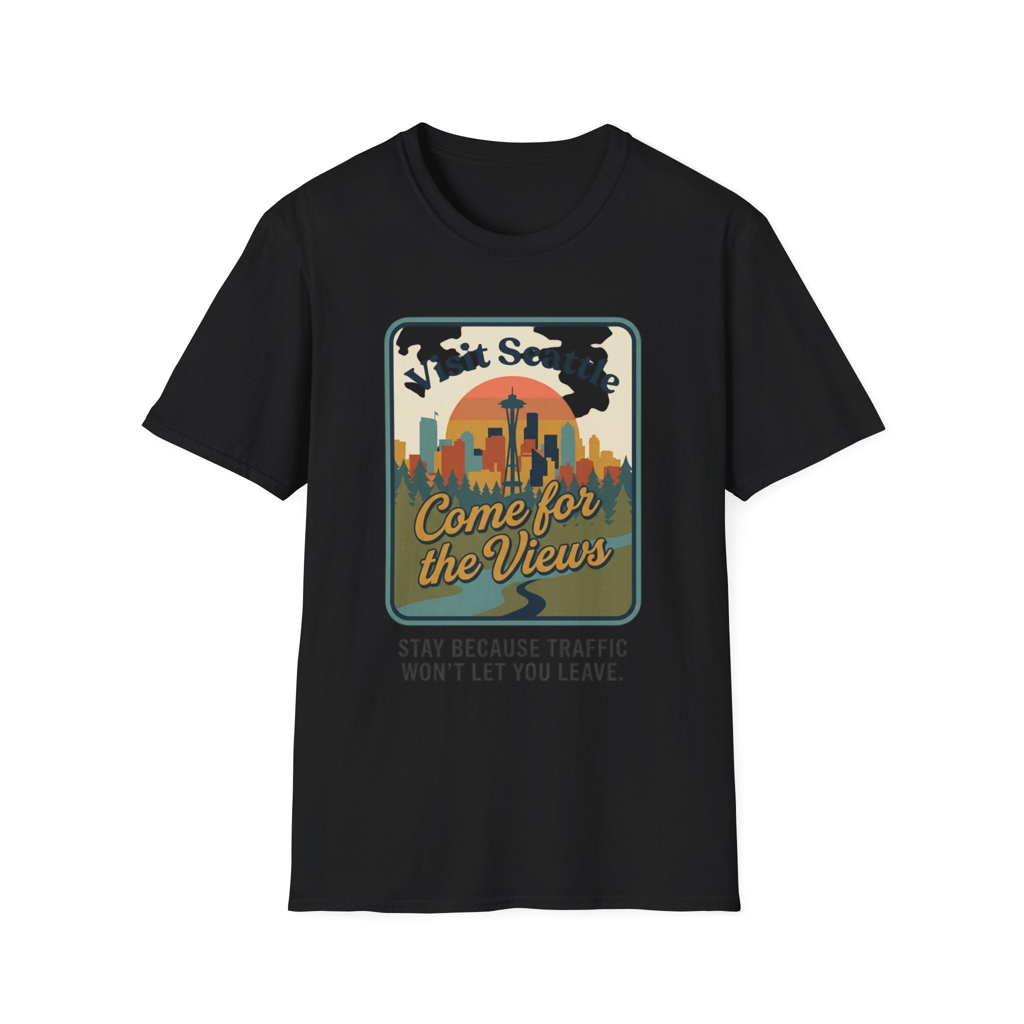 Visit Seattle T-Shirt - "Come for the Views" Retro Skyline Tee
