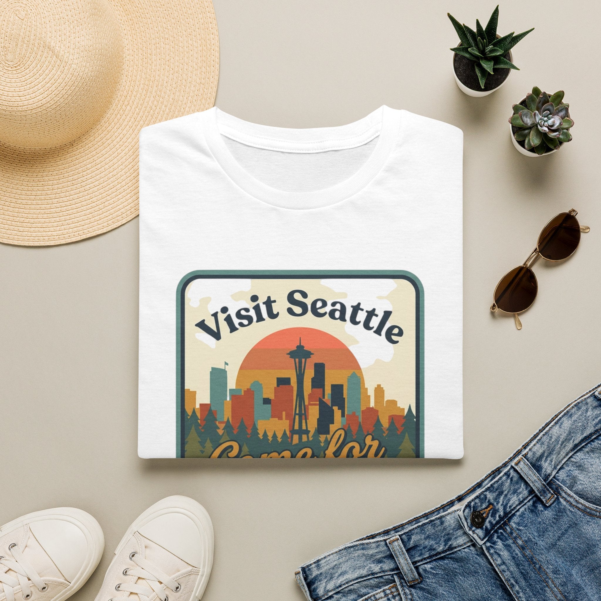 Visit Seattle T-Shirt - "Come for the Views" Retro Skyline Tee