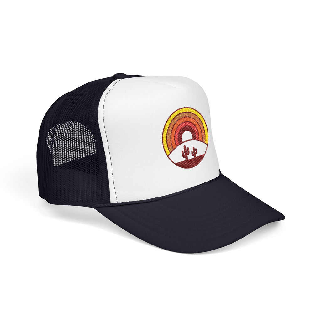 Sunset Cactus Trucker Hat — Retro Desert Embroidered Foam Cap
