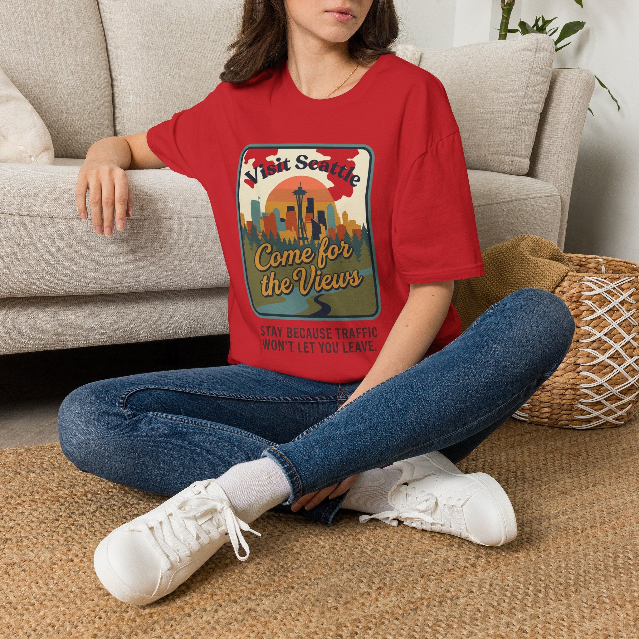 Visit Seattle T-Shirt - "Come for the Views" Retro Skyline Tee
