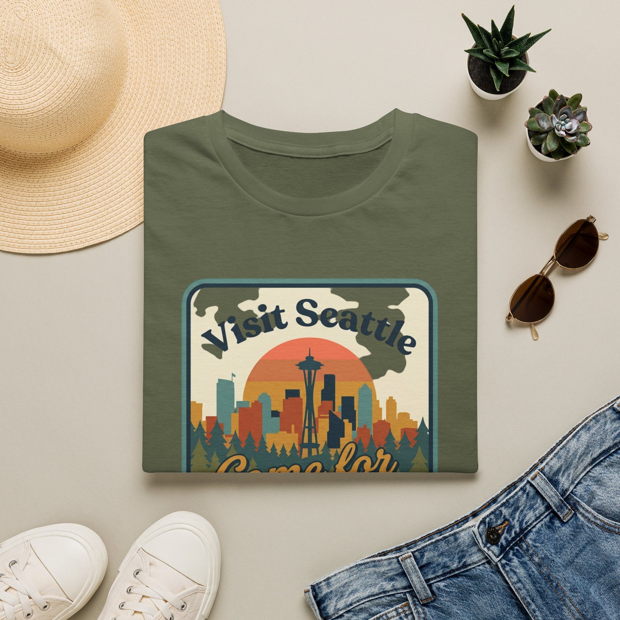Visit Seattle T-Shirt - "Come for the Views" Retro Skyline Tee