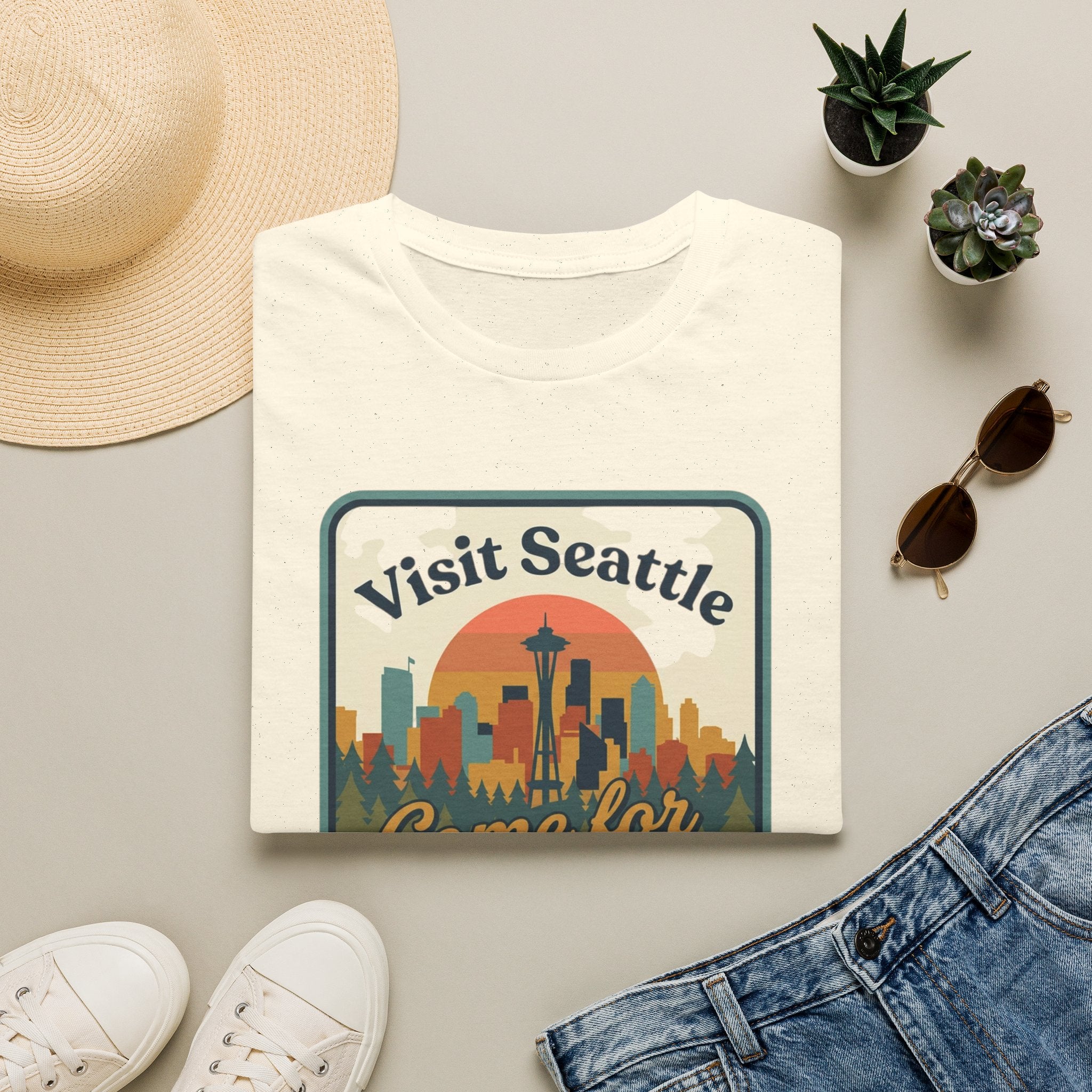 Visit Seattle T-Shirt - "Come for the Views" Retro Skyline Tee