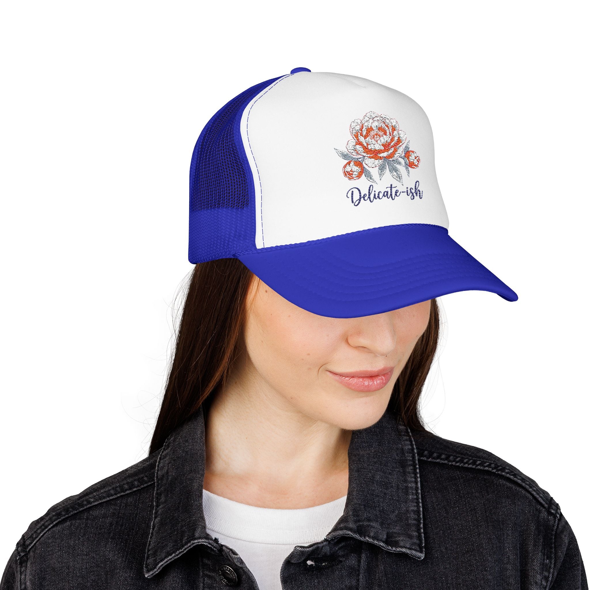 Trucker Hat — Floral 'Delicate-ish' Embroidered Peony Cap