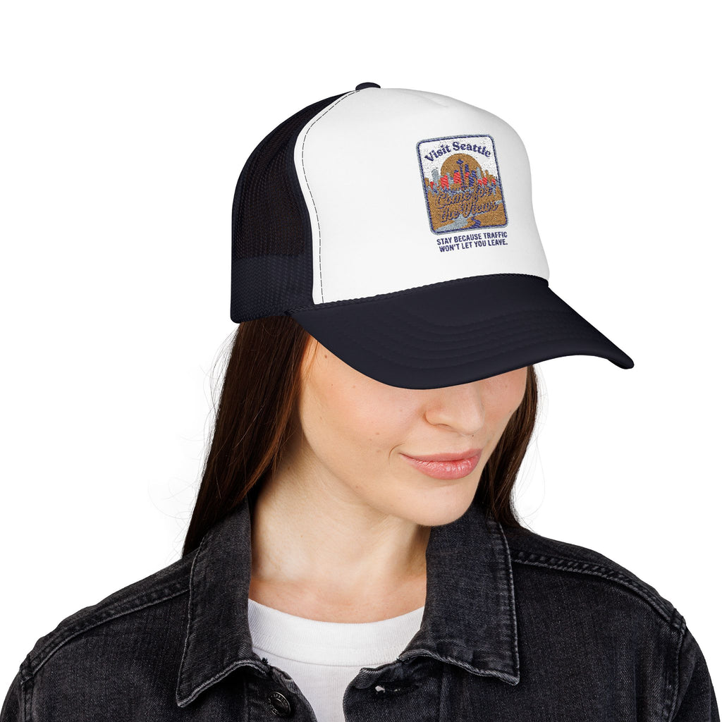 Vintage Desert Sunrise Trucker Hat — "Stay Somewhere" Embroidered Foam Cap