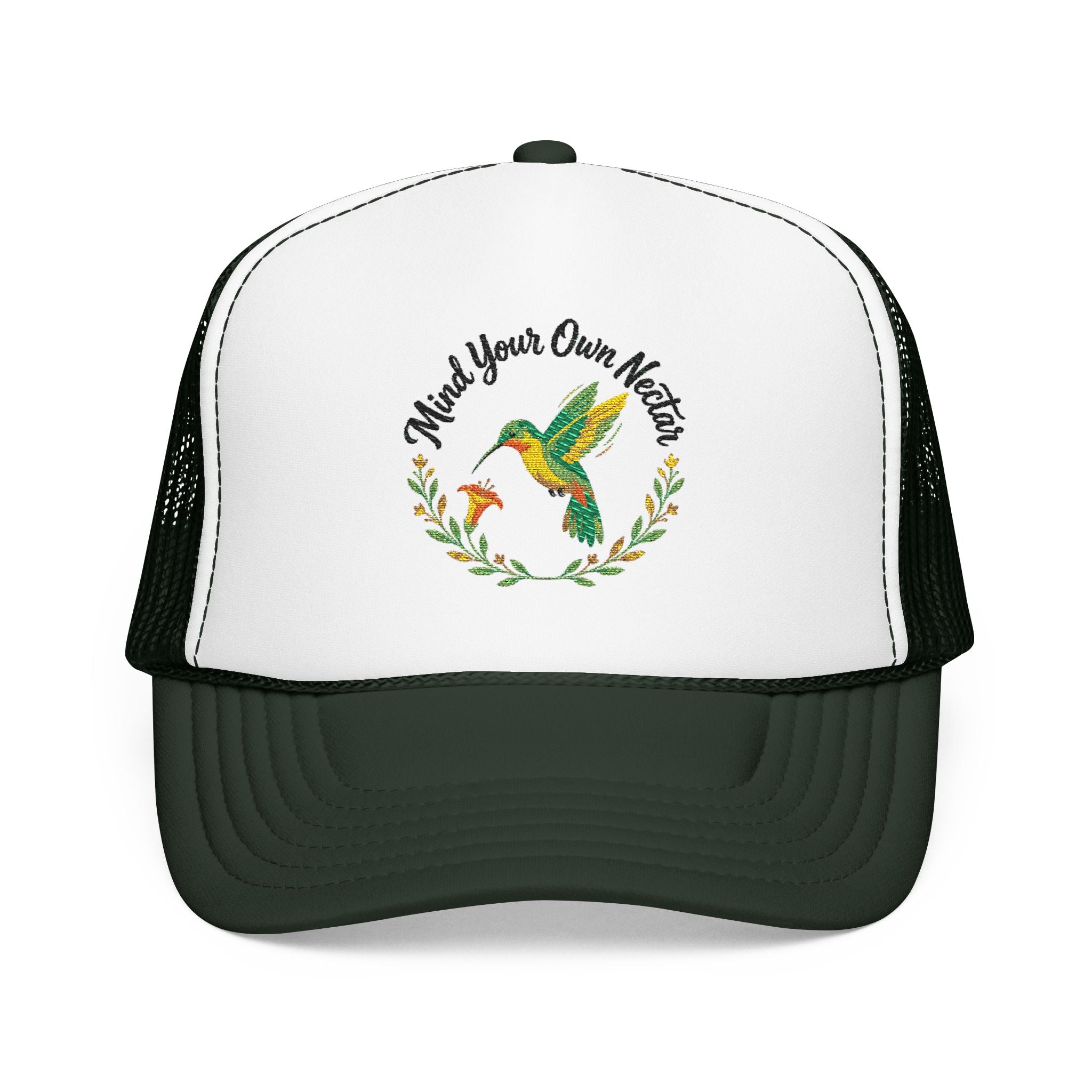 Mind Your Own Nector Trucker Hat — Hummingbird Floral Mesh Cap