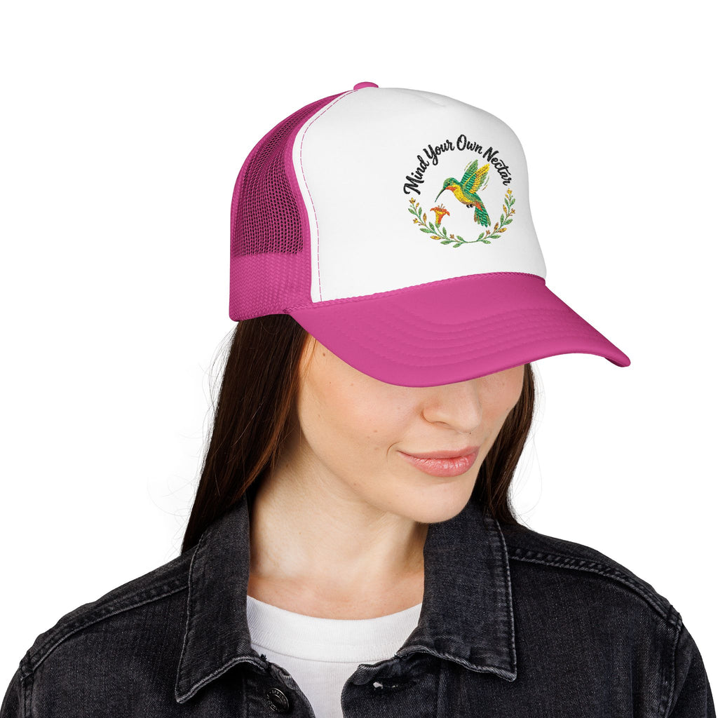 Mind Your Own Nector Trucker Hat — Hummingbird Floral Mesh Cap
