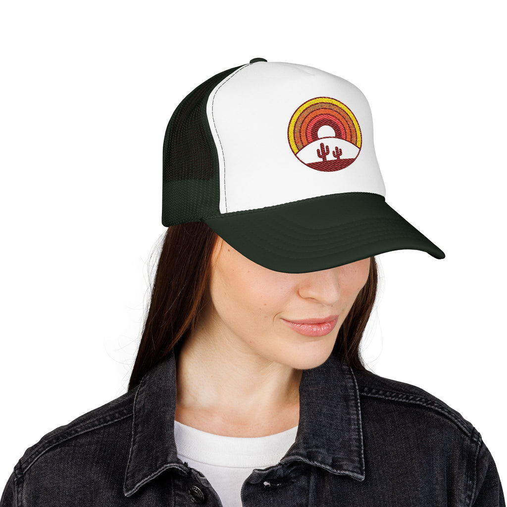 Sunset Cactus Trucker Hat — Retro Desert Embroidered Foam Cap