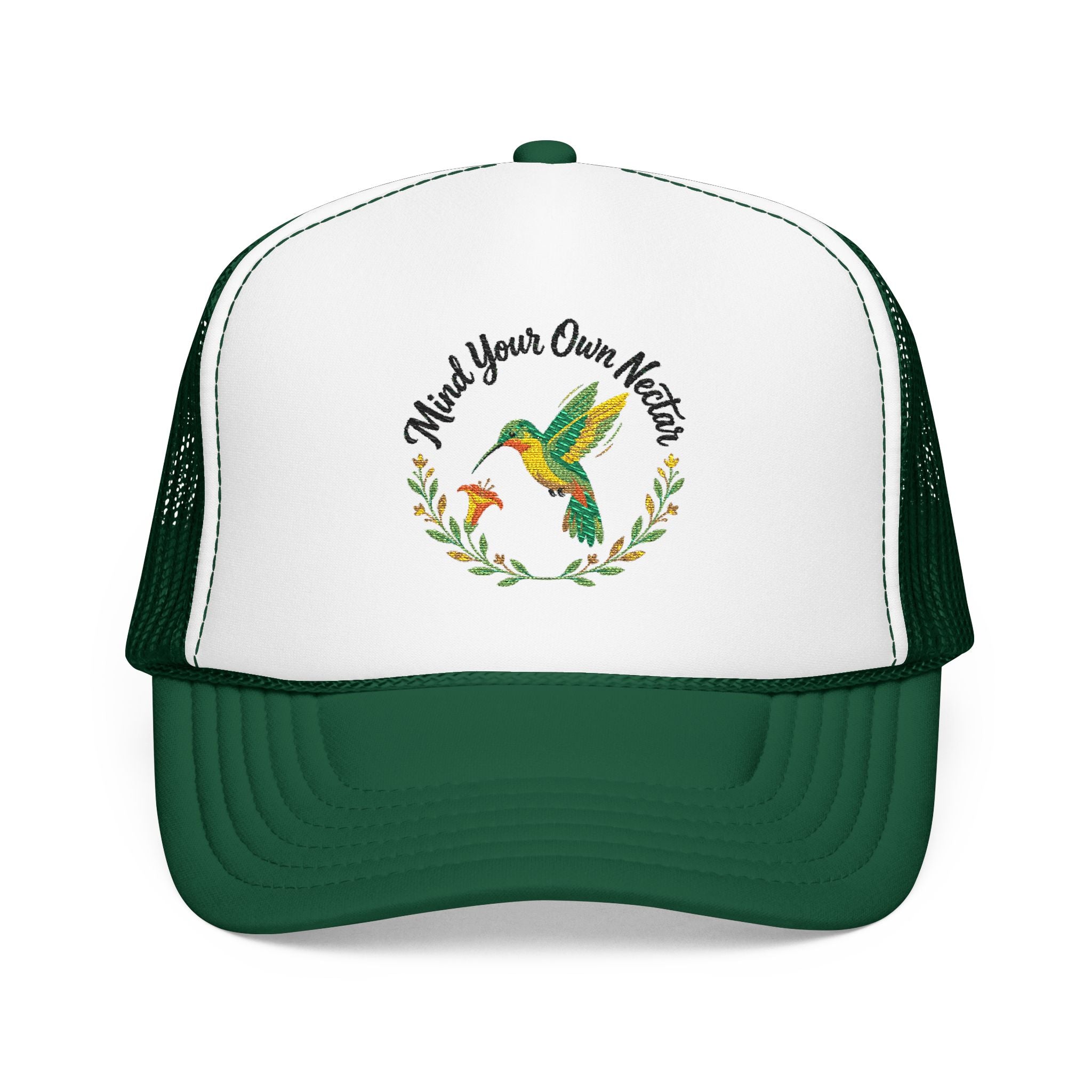Mind Your Own Nector Trucker Hat — Hummingbird Floral Mesh Cap