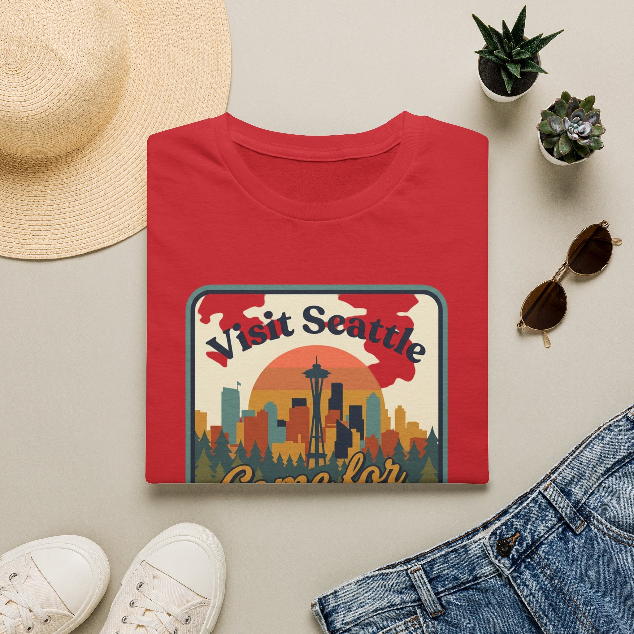 Visit Seattle T-Shirt - "Come for the Views" Retro Skyline Tee
