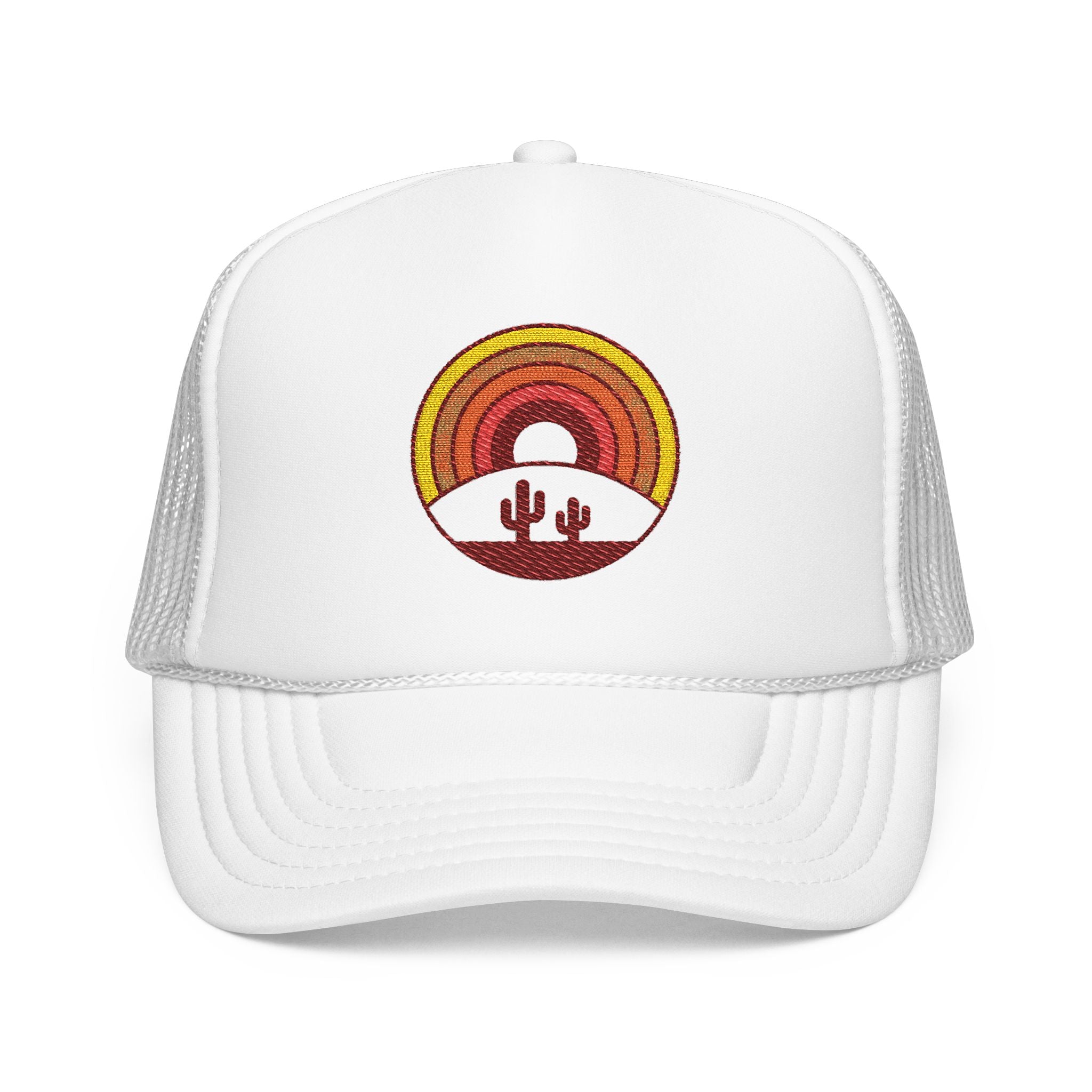 Sunset Cactus Trucker Hat — Retro Desert Embroidered Foam Cap