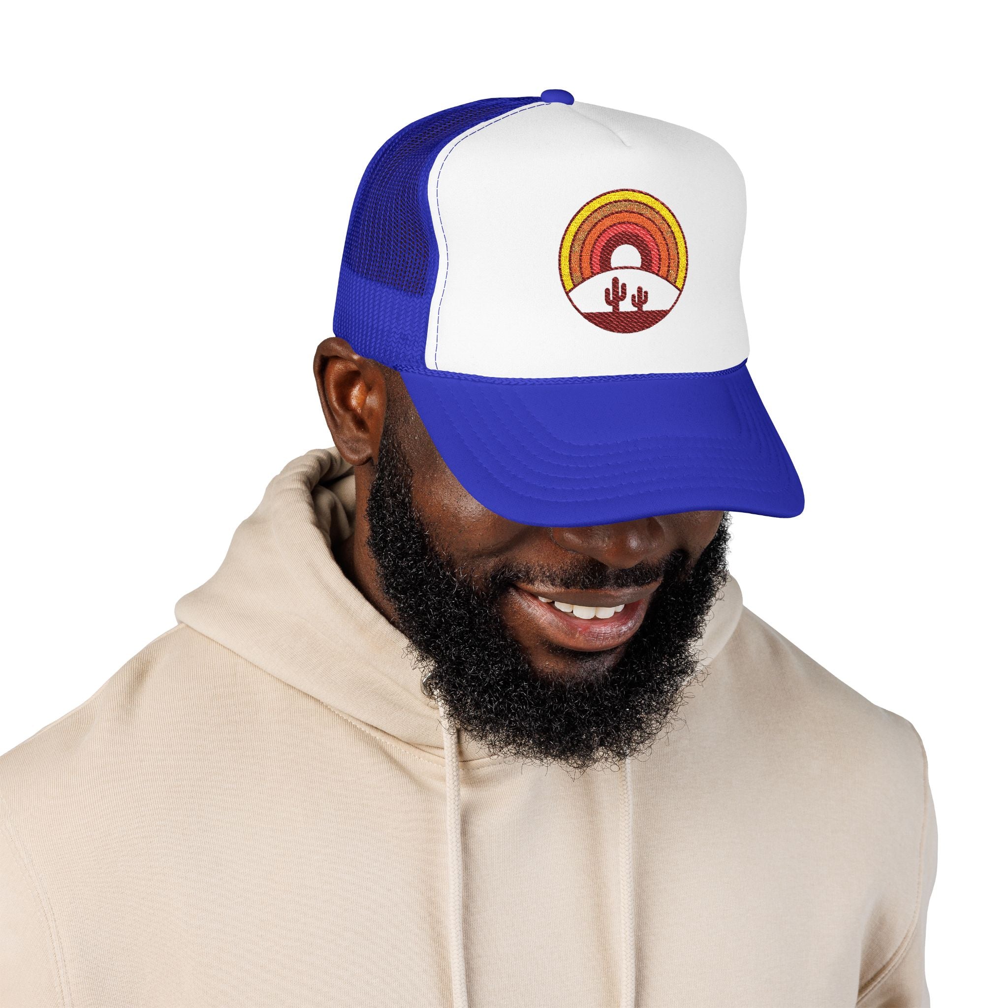 Sunset Cactus Trucker Hat — Retro Desert Embroidered Foam Cap