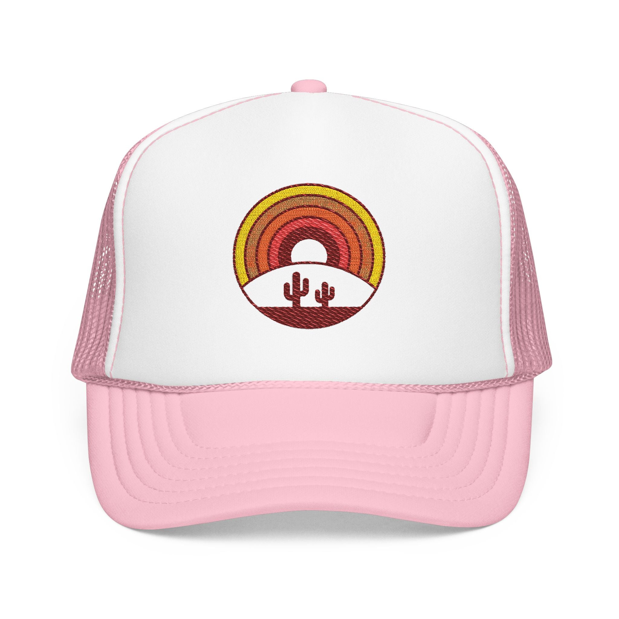Sunset Cactus Trucker Hat — Retro Desert Embroidered Foam Cap