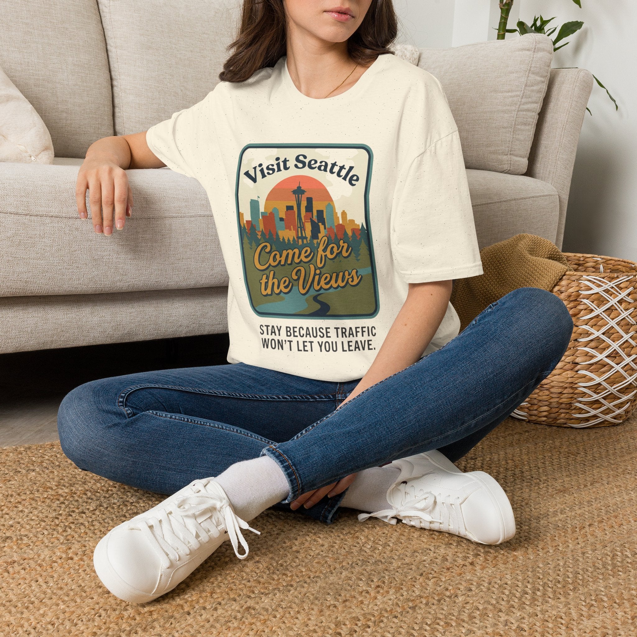 Visit Seattle T-Shirt - "Come for the Views" Retro Skyline Tee