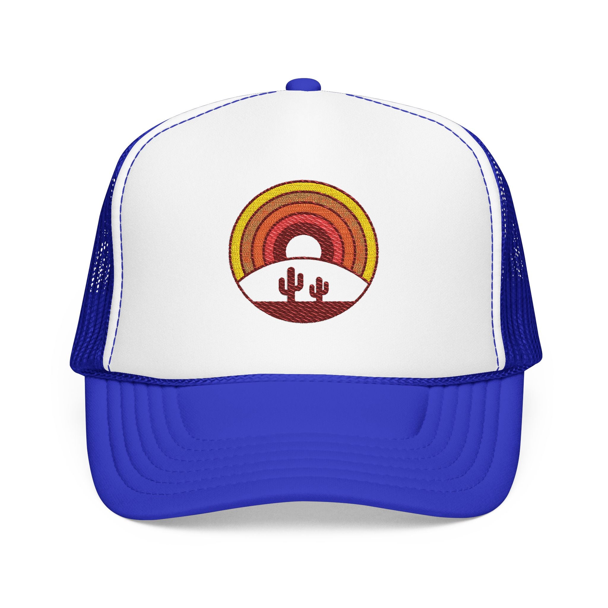 Sunset Cactus Trucker Hat — Retro Desert Embroidered Foam Cap