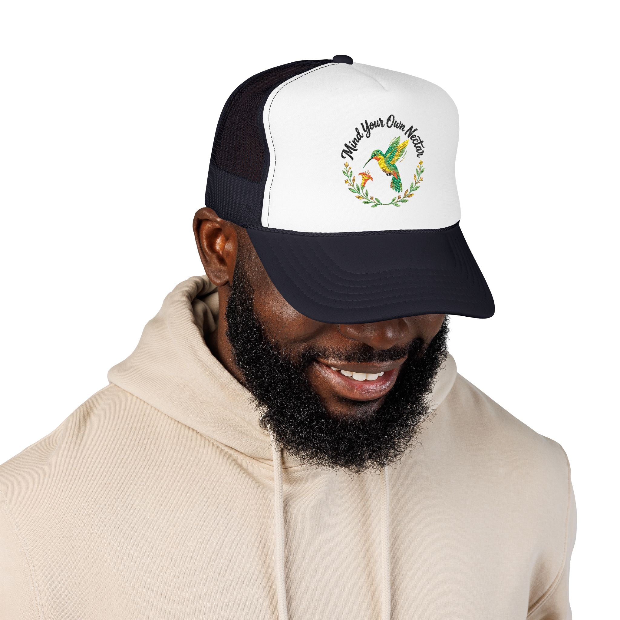 Mind Your Own Nector Trucker Hat — Hummingbird Floral Mesh Cap