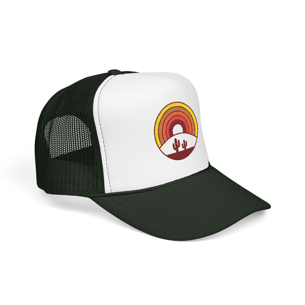 Sunset Cactus Trucker Hat — Retro Desert Embroidered Foam Cap
