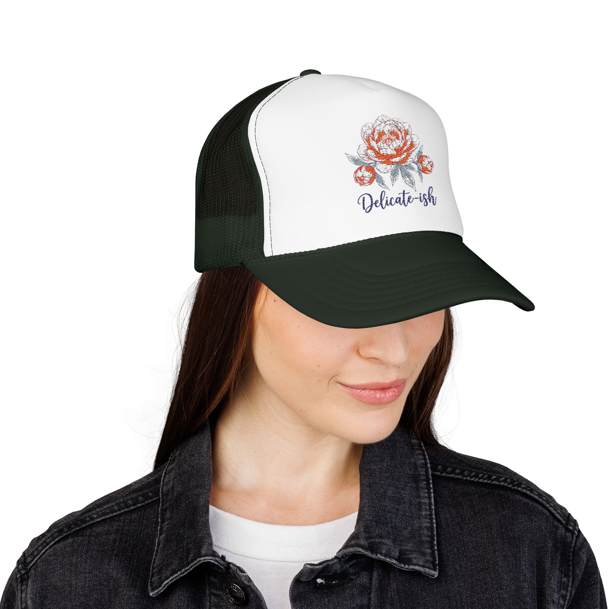 Trucker Hat — Floral 'Delicate-ish' Embroidered Peony Cap