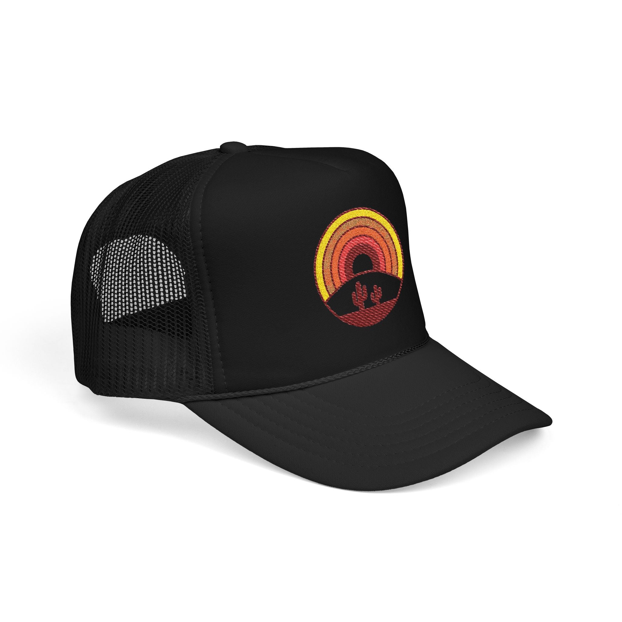 Sunset Cactus Trucker Hat — Retro Desert Embroidered Foam Cap