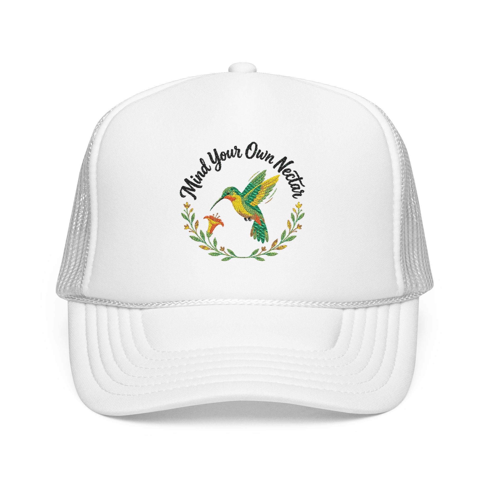Mind Your Own Nector Trucker Hat — Hummingbird Floral Mesh Cap