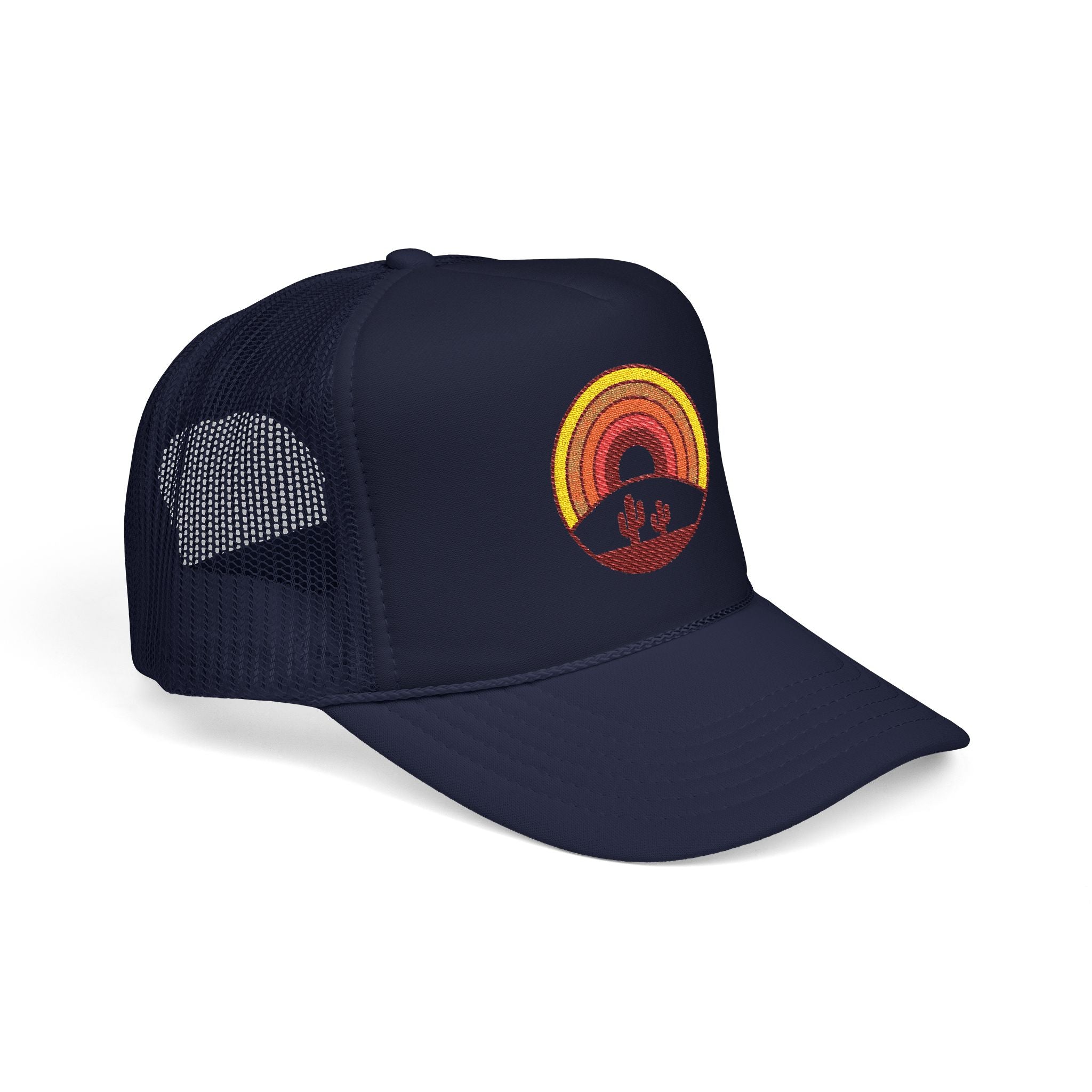 Sunset Cactus Trucker Hat — Retro Desert Embroidered Foam Cap